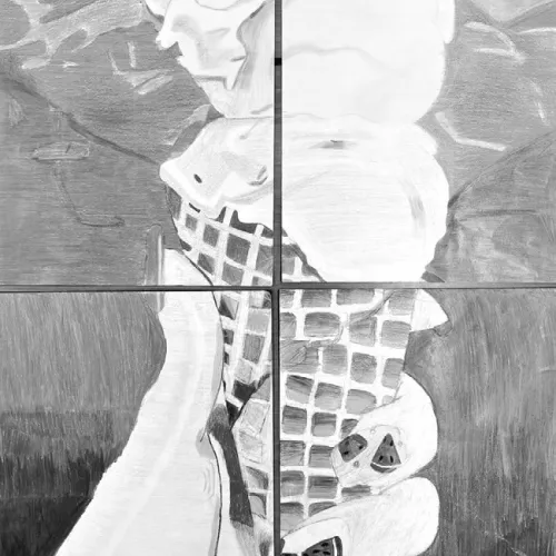 Group scale drawing of ice cream in a waffle cone by Rockdale Junior High eighth-grade Art II students (now high school students) Bentley Knoblock, Brant Hutton, Sarahi Castillo Ramirez and Kendall Clevenger.