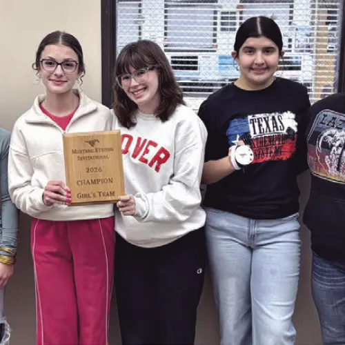 CHAMPIONS AGAIN— The Milano Lady Eagles powerlifting team dominated the Mustang Strong Invitational meet in Madisonville Meet last Thursday, taking home first place as a team for their third team championship of the season. Not pictured but still a big part of the win are: Hannah Bakken, Natalie Contreras and Kira Cooper. The Milano Eagles powerlifters also had two medalists—J.D. Chambers with a second-place finish and Troy Montoya with a third place. Milano High School photo