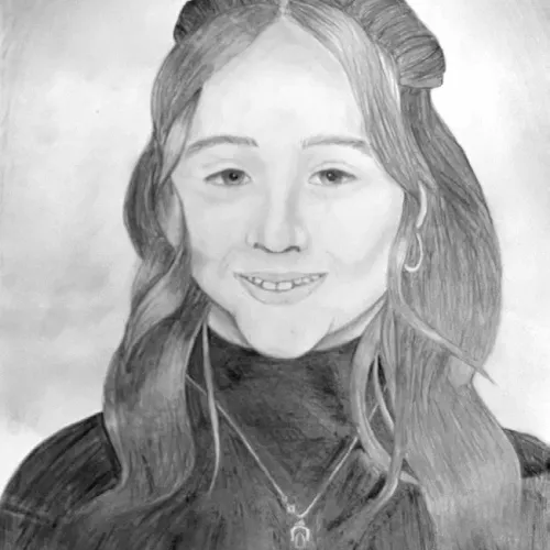 Self-portrait drawing by Fayth Duncan, a 2025-26 eighth-grader in Art II at Rockdale Junior High School.
