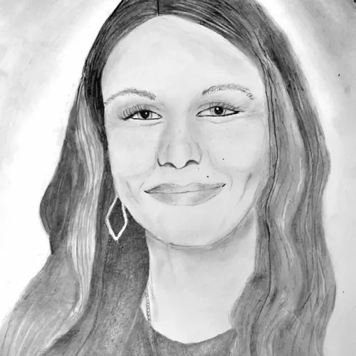 Self-portrait drawing by Kaylee Newton, a 2025-26 eighth-grader in Art II at Rockdale Junior High School.
