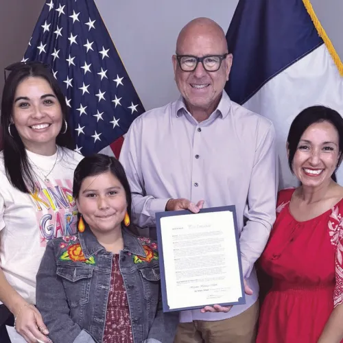 HISPANIC HERITAGE MONTH— Rockdale Mayor Ward Roddam read a proclamation at Monday night’s city council meeting proclaiming September as Hispanic Heritage Month. On hand for the celebration are (L-R) RISD kindergarten teacher Lorena Navarro and her daughter, Regina Castillo, a fourth-grader at Rockdale Intermediate School who also read A Prayer of St. Francis of Assisi for the invocation at the meeting, Roddam, and Rockdale’s first Latina city councilwoman, Esmeralda Ruelas-Olivares.