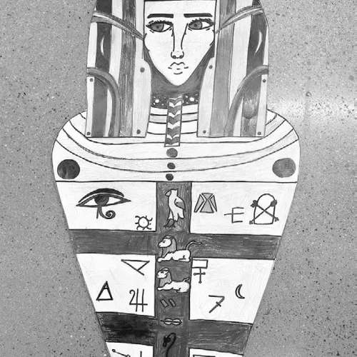 ‘Ancient Egyptian tomb’ artwork by Allison Perez Ramirez, a sixth-grade Intro to Art student in Rockdale Junior High School.