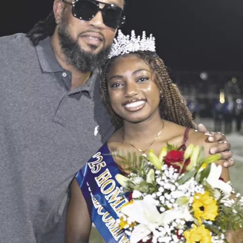 NEW QUEEN— Aaliyah Aspilaire was crowned homecoming queen at halftime at Friday night’s football game against Giddings by RHS Principal Wendy Mahan. Aspilaire was escorted by her father, Eric Mack.