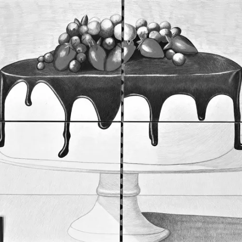 Group scale drawing of a cake on a stand by Rockdale High School students Serenity Perez, Gabby Robertson, Lucy Workman and Verenice Rivera. (Drawn when they were eighth-grade Art II students.)