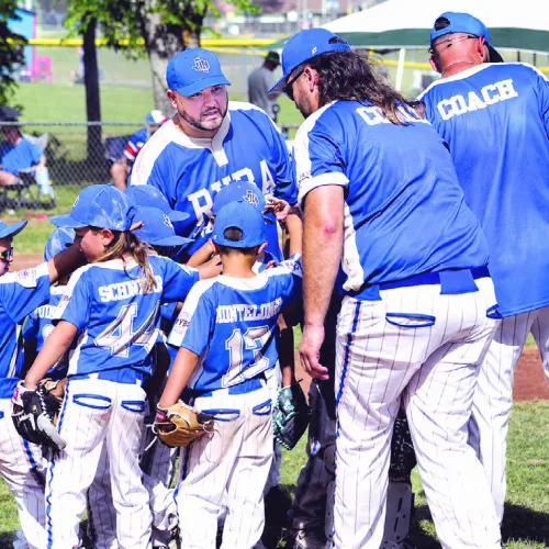 RYBA 6U T-Ball All-Stars coach Dillon Schnerr addresses his team following its final game at the Pony League Regional Tournament in Pflugerville over the weekend. The team advanced to the regional tournament after qualifying through the Pony League Sectional Tournament in Bastrop two weeks earlier. Rockdale Youth Baseball Association photo