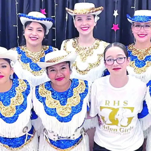 KICK UP YOUR HEELS— RHS Golden Girls won Outstanding Choreography for their kick routine at the Vista Ridge Dance Competition in Cedar Park on Saturday. The routine was choreographed by T’Niya Miles. Shown here (front row, L-R) Neveah Switkowski, Victoria Longoria, Mya Lopez, Kynzlie Remaley and Amiyah Fate; (back row, L-R) Jernee Mitchell, Mercedes Figueroa, Grace Patton, Jayla Gonzales and Trinity Hurd. Managers are Isabelle Flores and Reginay Hamilton. Golden Girl director is Vicky Miller.
