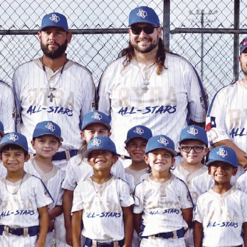 The 6U All-Stars are (front row, L-R) Titus Jentsch, Kashton Locklin, Kase Quinney, Maddox Mancillas, Tyson Dixon, Sebstian Cerrato; (middle row, L-R) Tomas Rios, Casey Riley, Otto Schnerr, Kyle Montelongo, Casen Faust, Kody Wilson; (back row, L-R) Coaches Terral Dixon, Koy Quinney, Dillan Schnerr, Michael Mancillas. Photo by Rockdale Youth Baseball Association