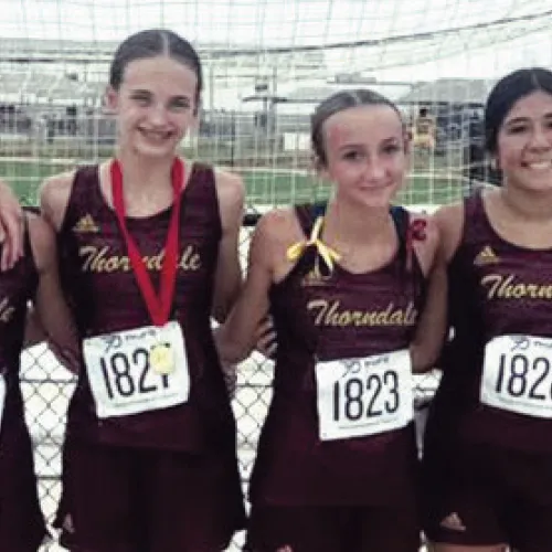 STRONG START— Thorndale Middle School’s cross country teams opened their season at Salado, with the Lady Dogs finishing second overall and the Bulldogs placing fifth. Mallory Franklin led the girls with a fourth-place finish in 10:56.41, while Jocelyn Avalos placed eighth in 11:35.24. Thorndale ISD Athletics photo