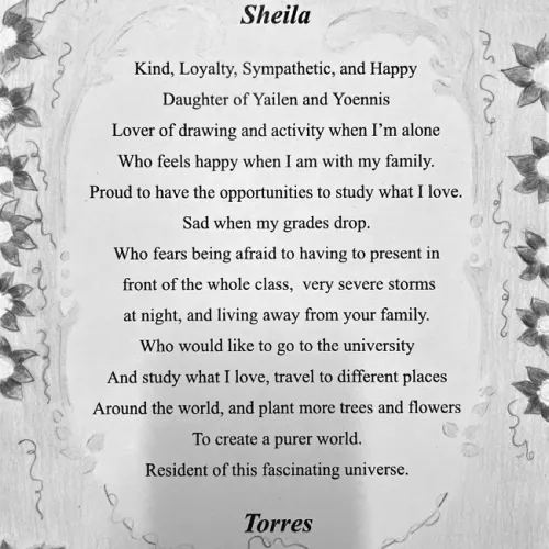‘Bio poems’ artwork by Sheila Torres Barista, an eighthgrade Art II student at Rockdale Junior High School.