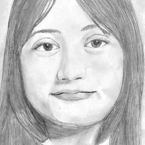 Self-portrait drawing by Kacy Brown, a 2025-26 eighth-grader in Art II at Rockdale Junior High School.