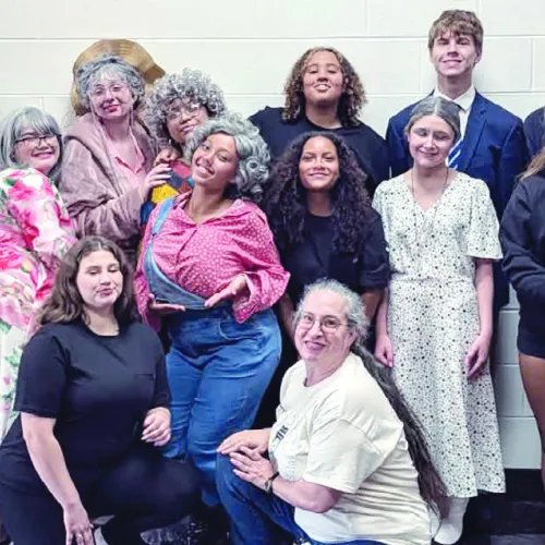 ONE ACT PLAY—Rockdale High School students participated in a UIL District 3A Area 19 One Act Play Contest last Wednesday at the Cameron ISD Performing Arts Center. Rockdale’s entry was “Any Body for Tea?” Kneeling on the floor in front are Addison Thomas and theater teacher Deana Caffey. Second row (L-R) assistant theater teacher Lisa Debault, Destinee Bluford, Illiana Roemelin, Neveah Switkowski, Madison Garcia, Carson Smith, Zabiah Green, Zachary Karl and RHS Principal Wendy Mahan. Back row (L-R) Mackenzi